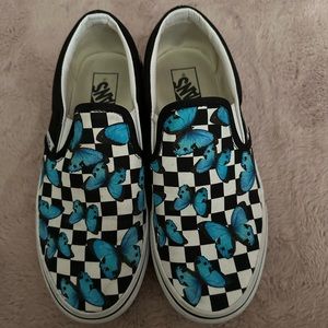 Vans Black and White Checkered Sneakers with Blue Butterflies